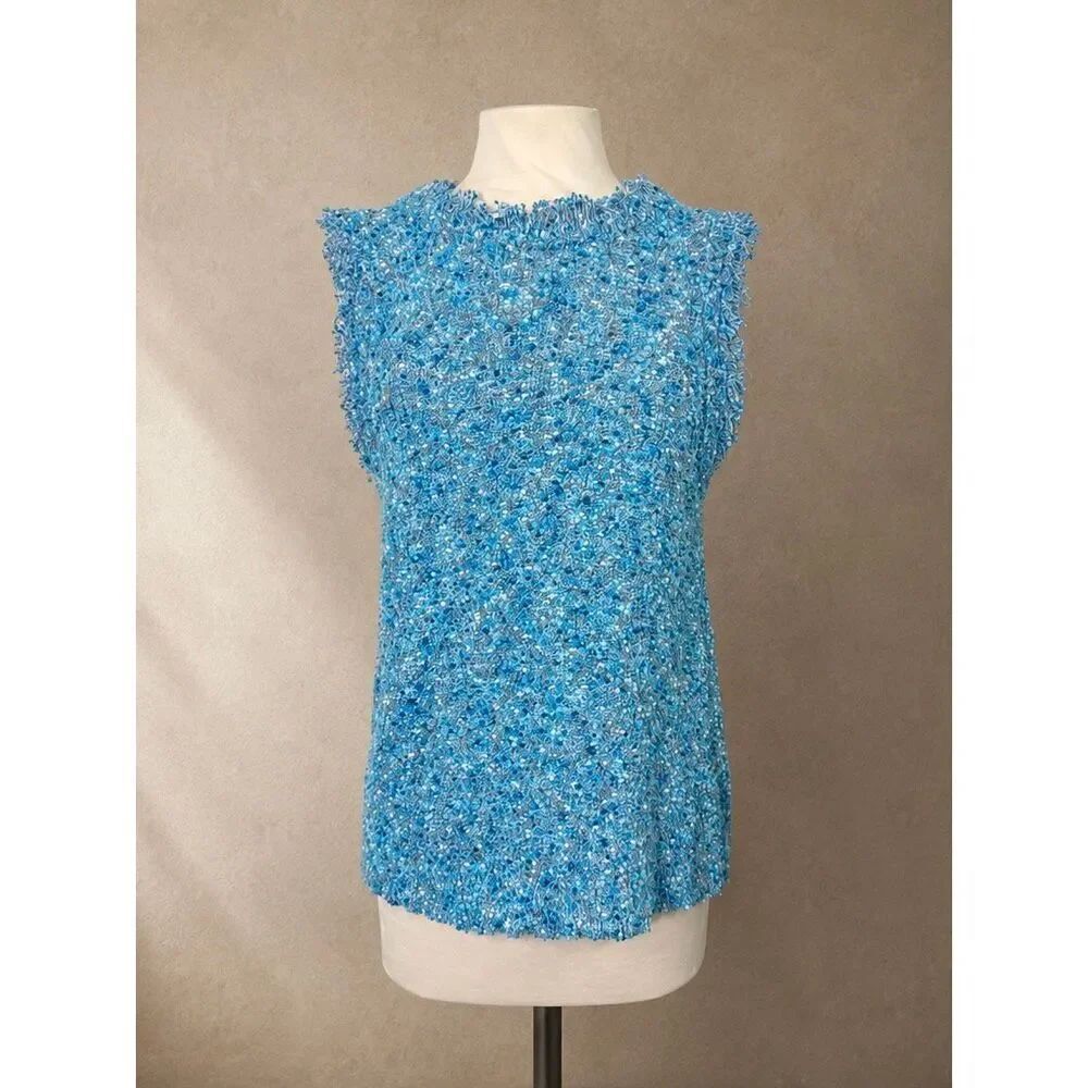J. Crew Sz M tweed fringe shell sleeveless sweater sea blue